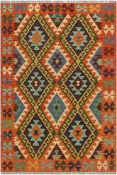 Flat Weave Kilim Antique Navaho Vintage handmade Geometric Kilim Rust Gold Hand-Woven Rectangle 100% Wool Area Rug 3x5